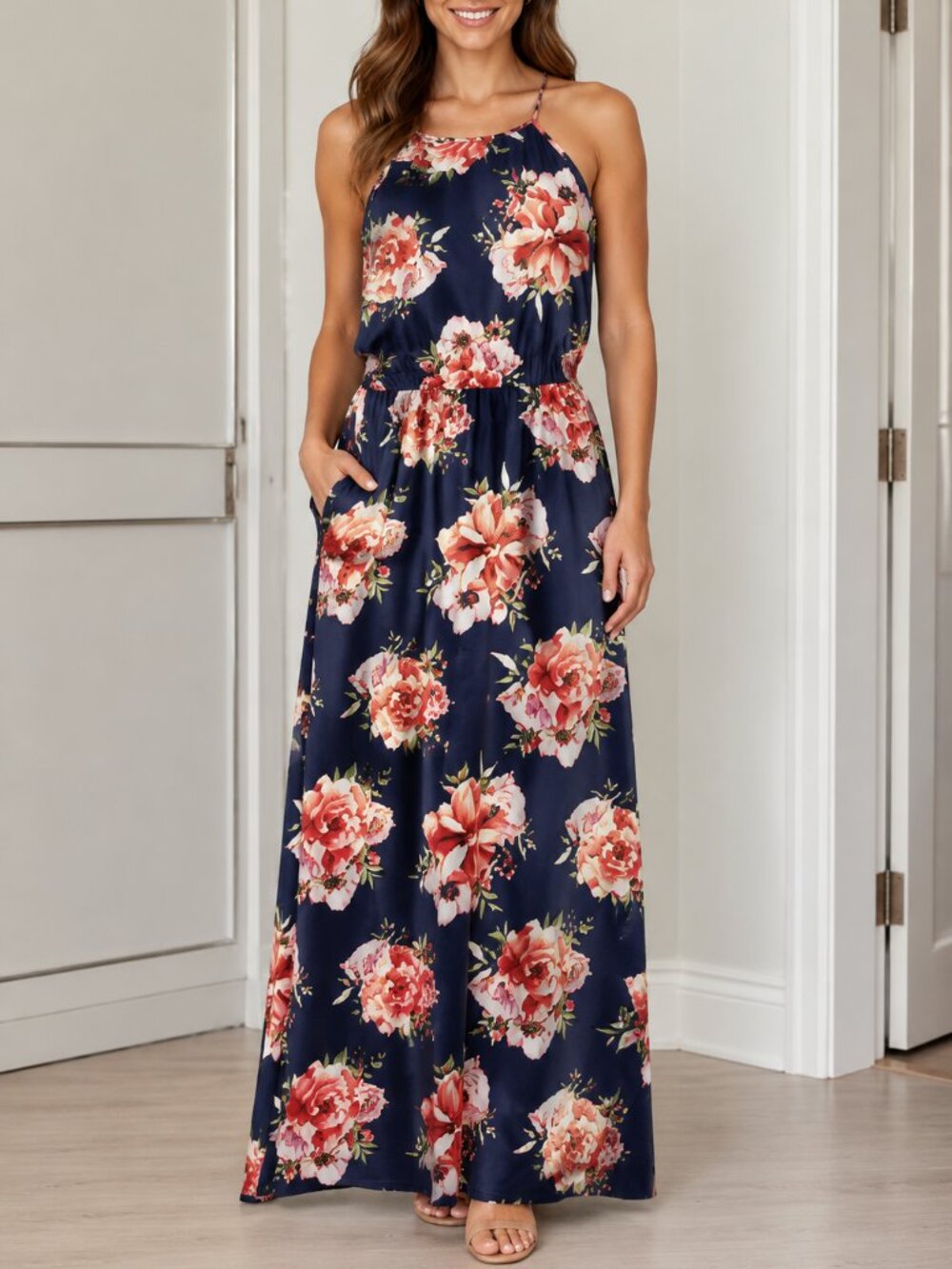 French Grey Nichelle Brushed Knit Floral Maxi Dress | Size Medium | Halter Neck